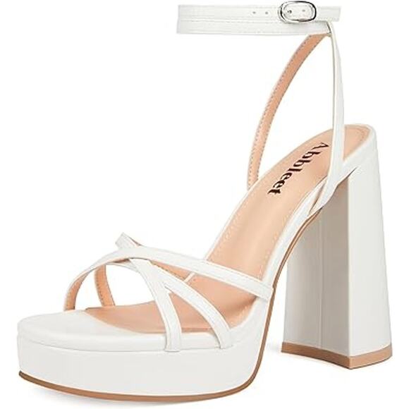 Abbleet Shoes - Abbleet Womens Size 9 White 5.25" Block Platform Heels Ankle Strap Sandal Shoes